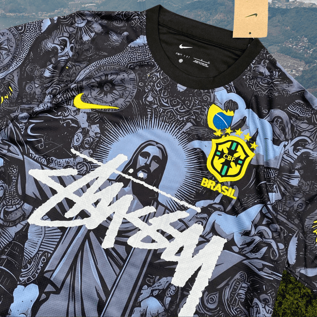 BRAZIL X JESUS CHRIST X stussy soccer jersey SPECIAL EDITION JERSEY KIT (BLACK) from the front