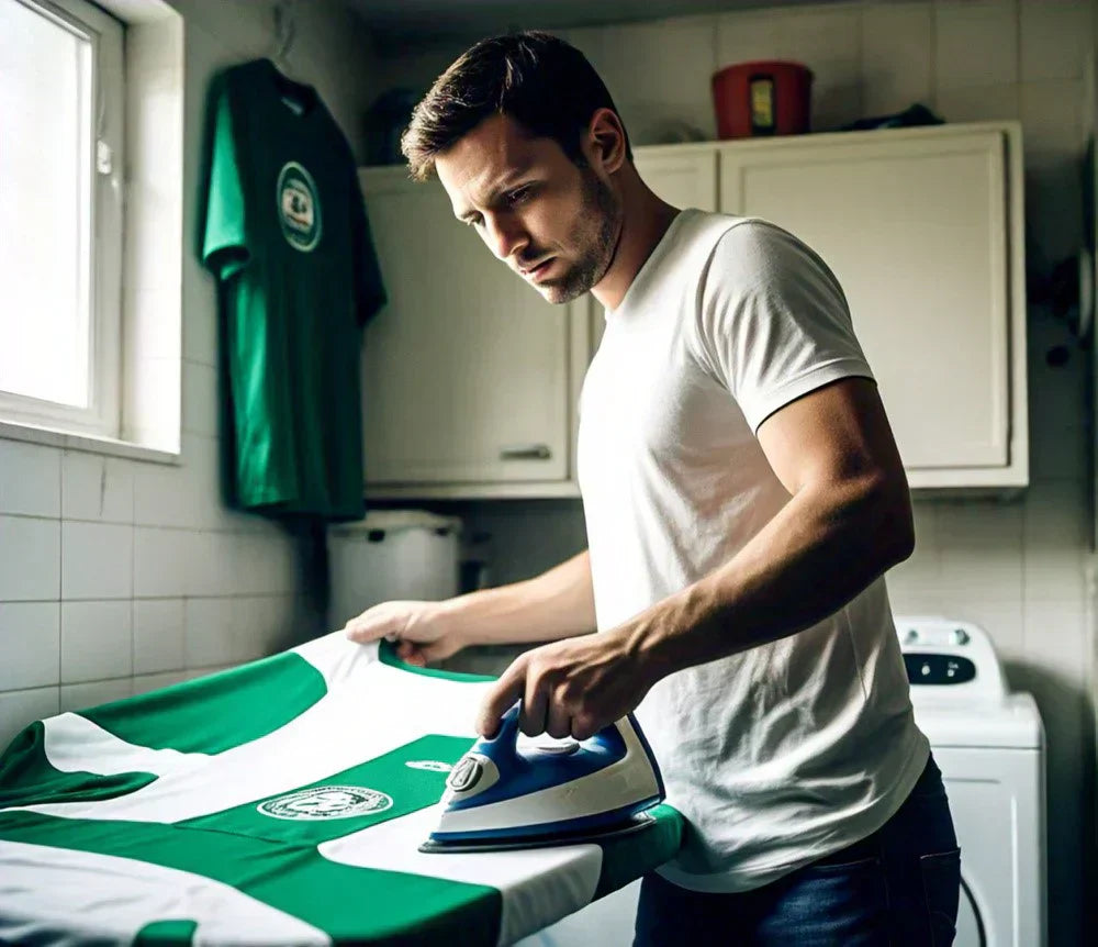 a man ironing his football shirt