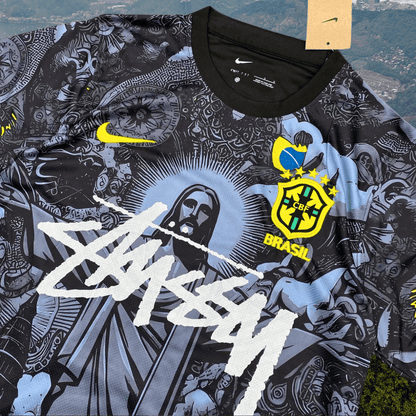 BRAZIL X JESUS CHRIST X stussy soccer jersey SPECIAL EDITION JERSEY KIT (BLACK) from the front